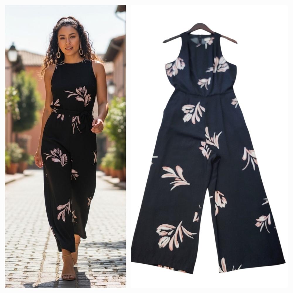 A New Day Floral Wide Leg High Rise Jumpsuit  in Black/Pink Floral Size Small